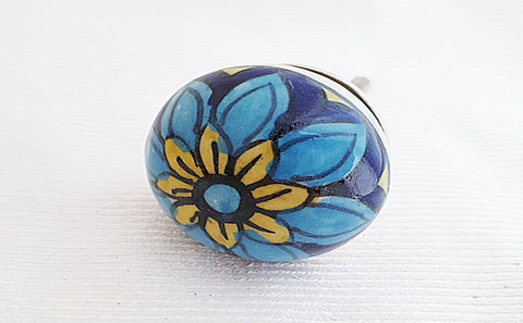 Ceramic small blue yellow delicate flower 3.5cm round door knob d14b