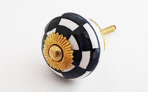 Ceramic blueish black white checkers funky 4cm round door knob c11a