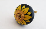 Ceramic Stunning black Yellow flower 4cm round door knob