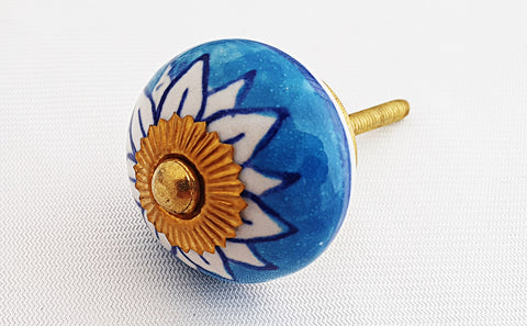 Ceramic aqua  white flower funky round 4cm door knob