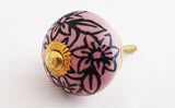 Ceramic shabby chic pink black intricate floral 4cm round door knob DUB