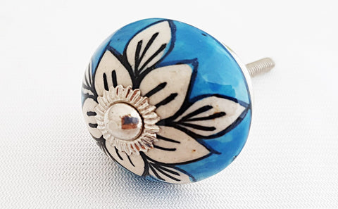 Ceramic aqua white flower funky round 4cm door knob C7b