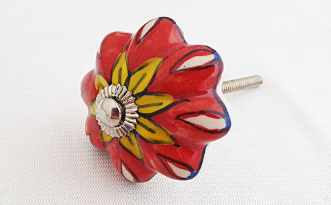 Ceramic vibrant red yellow flower funky pumpkin 4.5cm doorknob