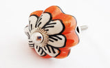 Ceramic vibrant orange white flower 3.5cm round door knob
