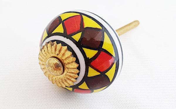 Ceramic red yellow brown colorful oriental design 4cm round door knob