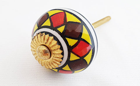 Ceramic red yellow brown colorful oriental design 4cm round door knob e11c
