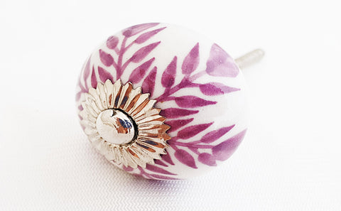 Ceramic eggplant purple white flower funky 4cm round door knob