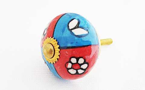 Ceramic funky colorful blue red 4cm round door knob c14a