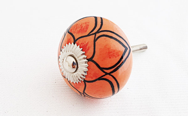 Ceramic orange black delicate flower round 4cm door knob