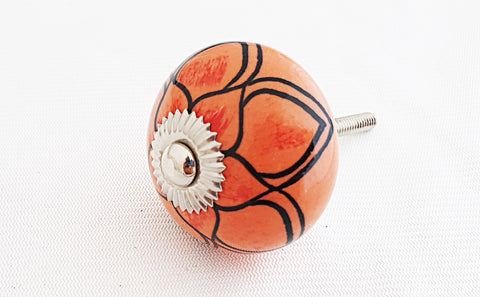 Ceramic orange black delicate flower round 4cm door knob c19a