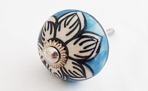 Ceramic aqua blue white delicate flower round 4cm door knob C8b