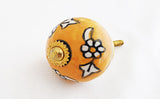Ceramic yellow white floral design 4cm round door knob D01