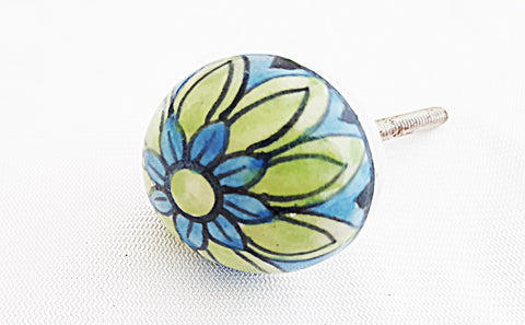 Ceramic Small aqua green blue flower round 3.5cm door knob