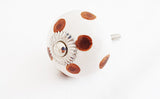 Ceramic white brown maroon funky dots round 4cm door knob D8