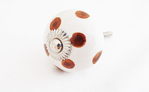 Ceramic white brown maroon funky dots round 4cm door knob D8