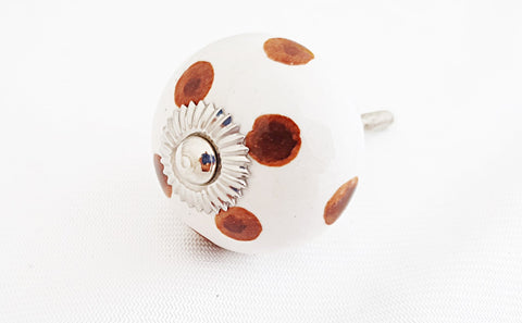 Ceramic white brown maroon funky dots round 4cm door knob d4a
