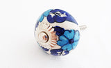 Ceramic aqua blue white floral design 4cm round door knob