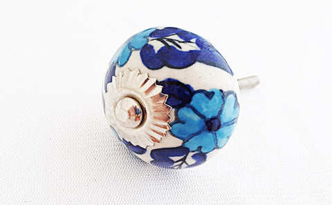 Ceramic aqua blue white floral design 4cm round door knob
