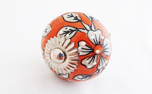 Ceramic vibrant orange white floral embossed 4cm round door knob