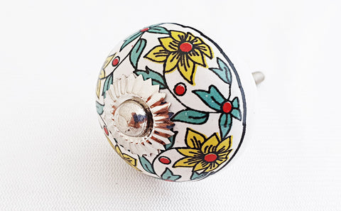 Ceramic yellow green floral printed 4cm round door knob