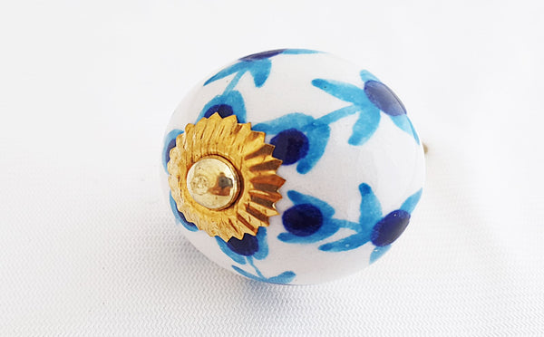 Ceramic blue white aqua floral 4cm round door knob