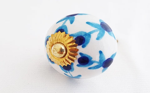 Ceramic blue white aqua floral 4cm round door knob e6d