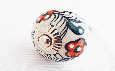 Ceramic black red white floral design embossed 4cm round door knob  d19a