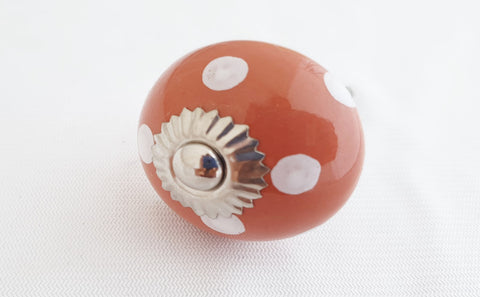 Ceramic rusty burnt orange white funky dots 4cm round door knob f1a