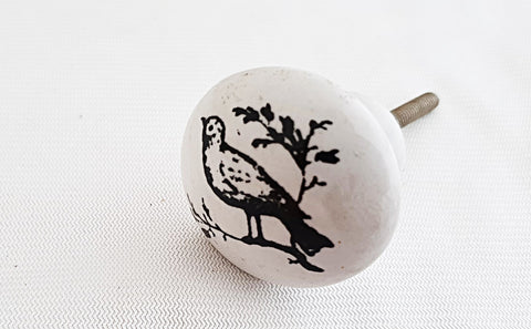 Ceramic black and white bird shabby chic printed 4cm round door knob d18d