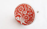 Ceramic red elephant intricate design printed 4cm round door knob C5
