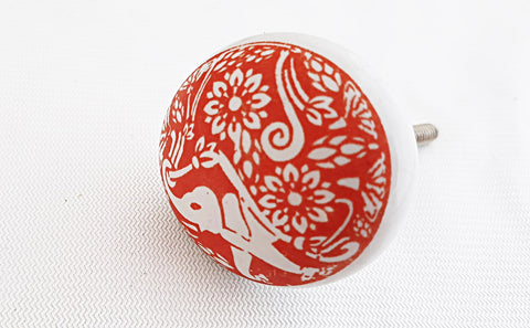 Ceramic red elephant intricate design printed 4cm round door knob d1d