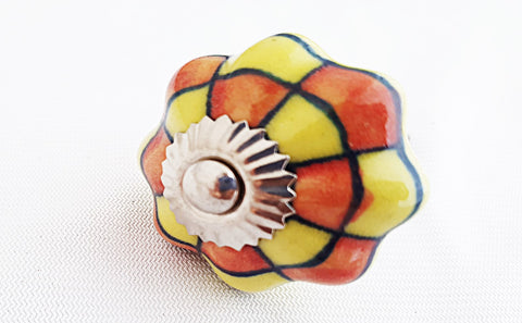 Ceramic yellow orange funky checker design pumpkin 4cm door knob e4c