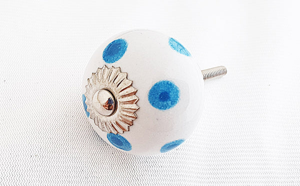 Ceramic navy blue white funky dots 4CM round door knob D7