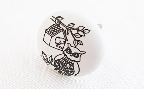 Ceramic kids black owl delicate design printed 4cm round door knob e5b