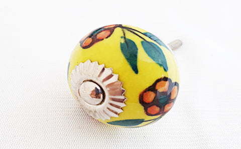 Ceramic yellow red floral design 4cm round door knob e5e