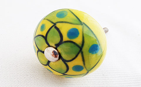 Ceramic yellow turquoise green unique floral design 4cm round door knob BN c13b