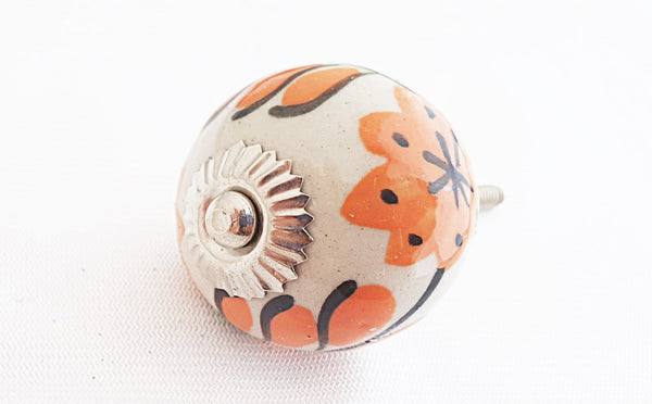 Ceramic orange floral design round 4cm door knob D1