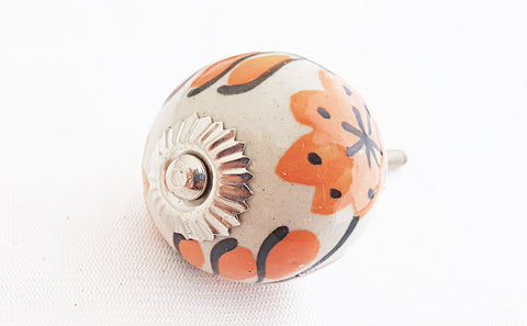 Ceramic orange floral design round 4cm door knob e4d