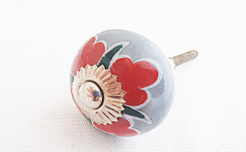 Ceramic grey red green floral 4cm round door d9a