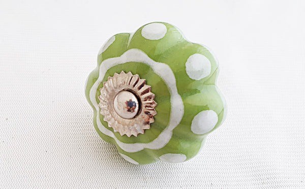 Ceramic apple green white floral 4.5cm pumpkin door knob B2