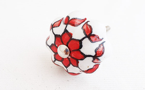 Ceramic white red floral design 4.5cm pumpkin door knob
