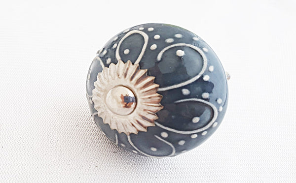 Ceramic dark petrol blue grey  white embossed 4cm round door knob