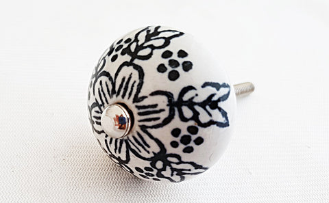 Ceramic black white delicate floral design 4cm round door knob d18a