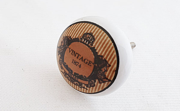 Ceramic printed vintage 1874 brown round 4cm door  knob C17a