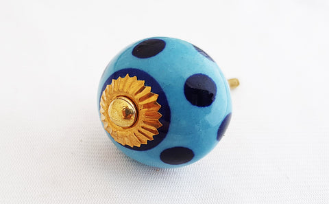 Ceramic turquoise blue dots 4cm round door knob d18a