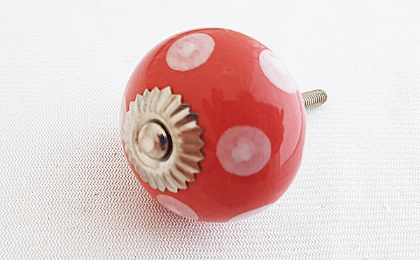 Ceramic red white dots shabby chic 4cm round door knob D8