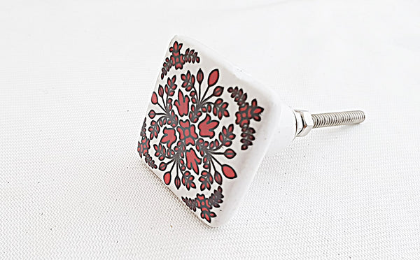 Ceramic red white beautful floral design printed 4cm square door knob