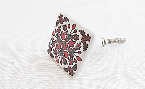 Ceramic red white beautful floral design printed 4cm square door knob HF1