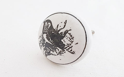 Ceramic black white bird shabby Chic printed 4cm round door knob d14e