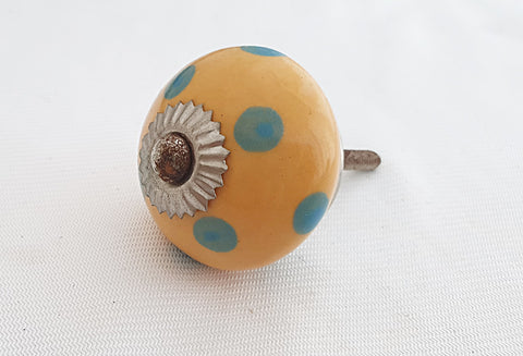 Ceramic yellow turquoise dots 4cm round door knob d15e